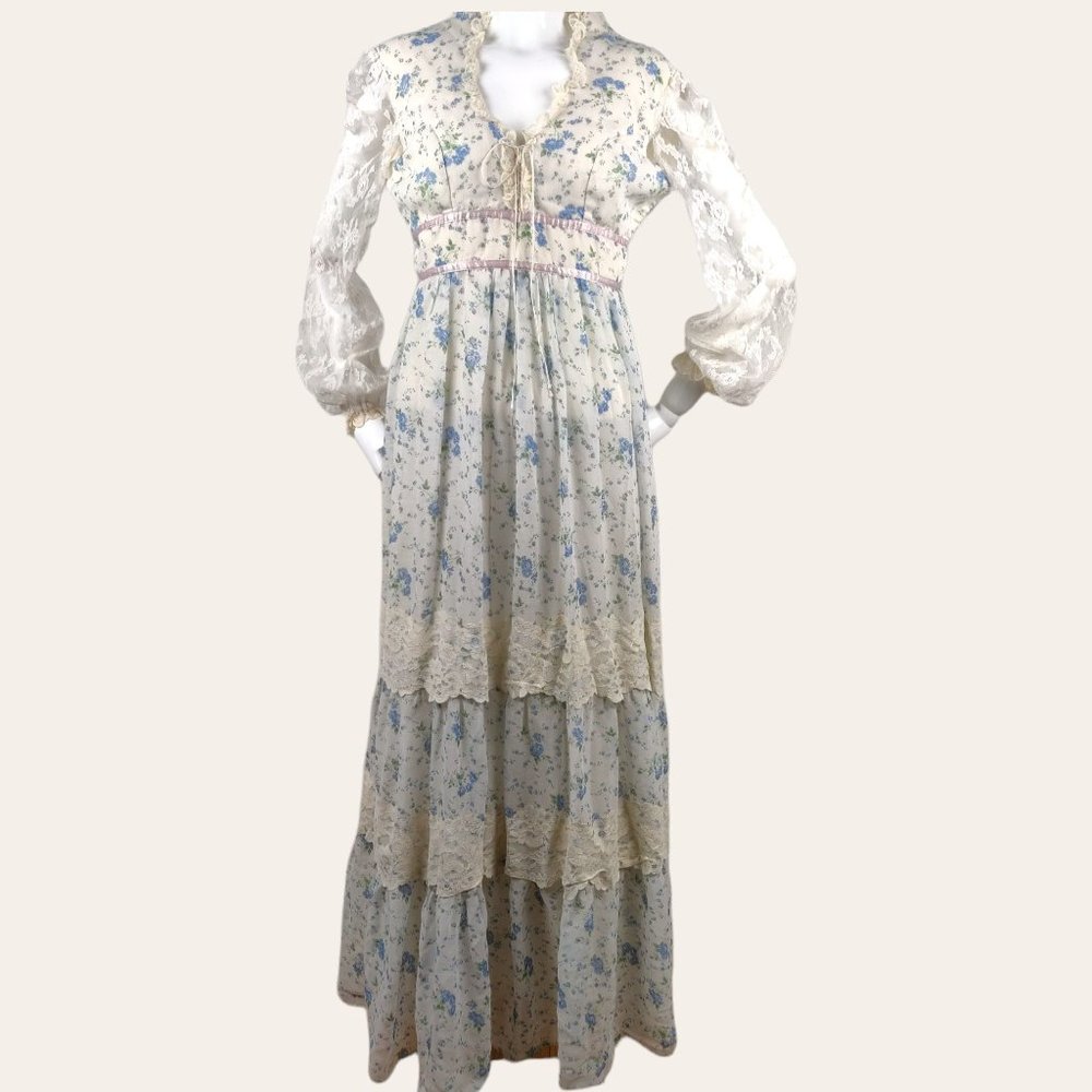 Vintage 1970s Floral Prairie Dress Lace Bodice Sheer Overlay Lace Sleeves BOHO